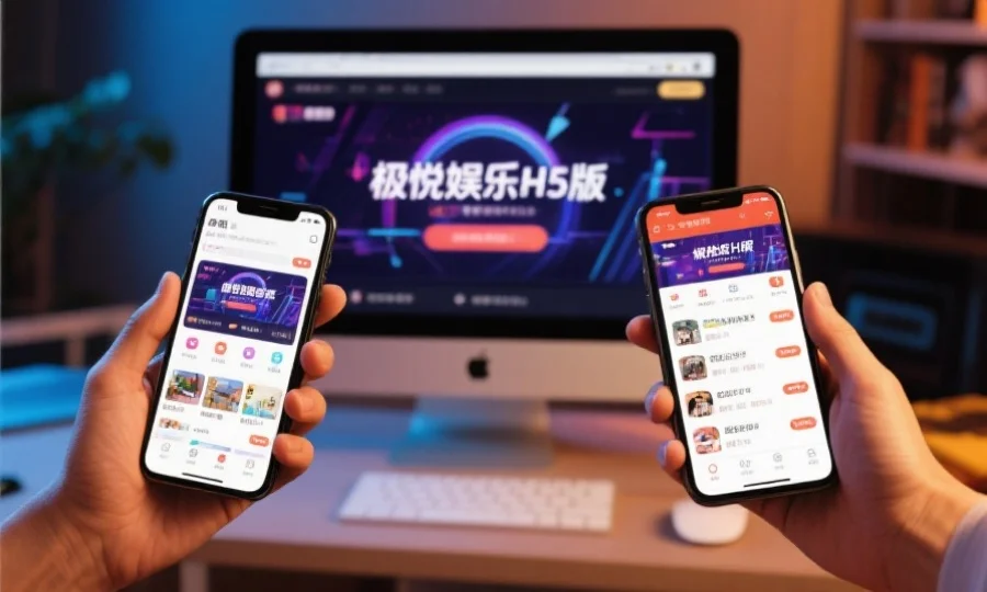 两只手分别持有手机和PC，屏幕上显示极悦娱乐H5版和客户端界面对比，用户表情专注，强调选择的场景感